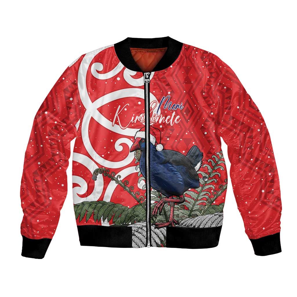 Personalized New Zealand Pukeko Christmas Bomber Jacket Meri Kirihimete Taniko Ponga Koru Red - Aussie Hoodie