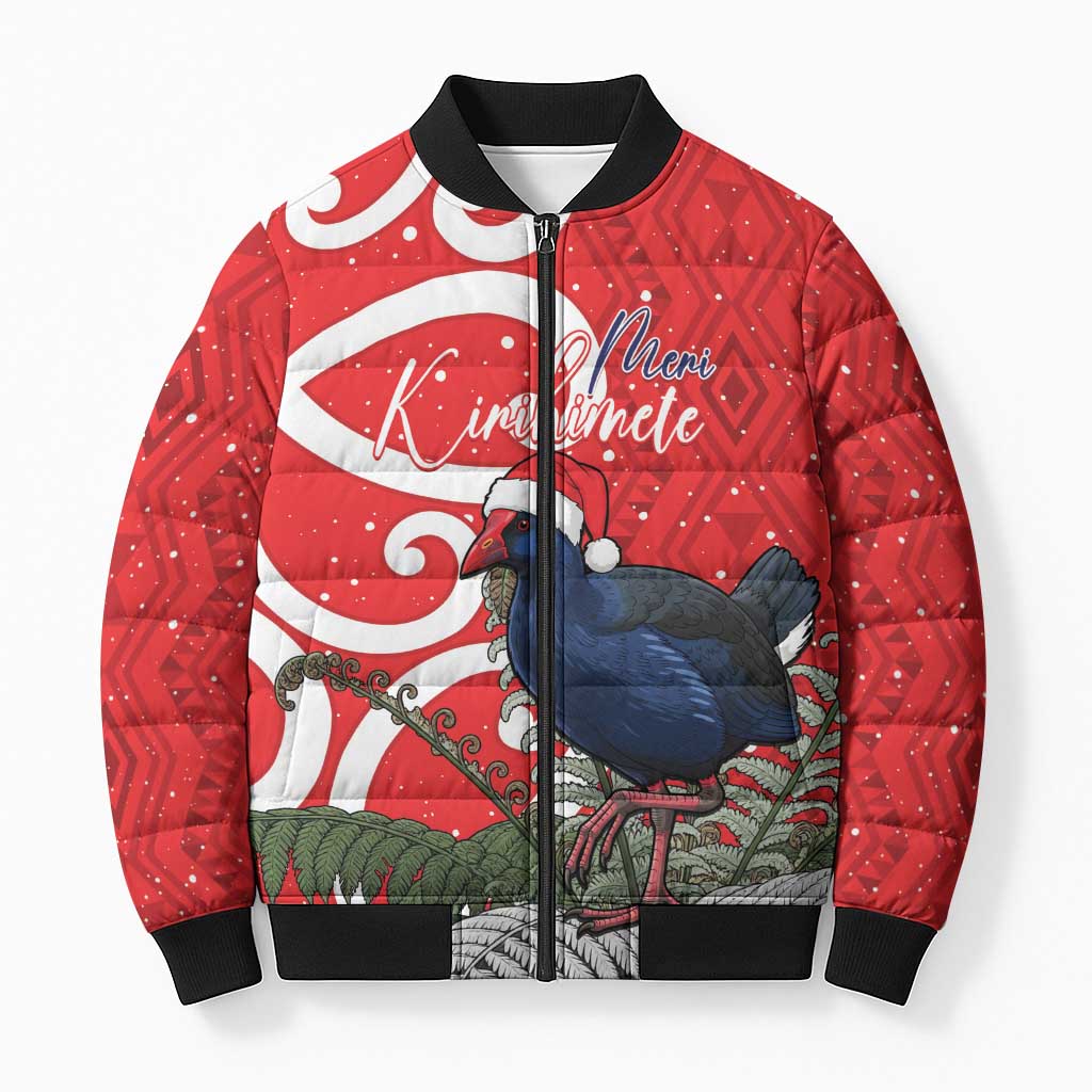 Personalized New Zealand Pukeko Christmas Bomber Puffer Jacket Meri Kirihimete Taniko Ponga Koru Red - Aussie Hoodie
