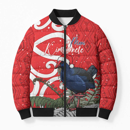 Personalized New Zealand Pukeko Christmas Bomber Puffer Jacket Meri Kirihimete Taniko Ponga Koru Red - Aussie Hoodie