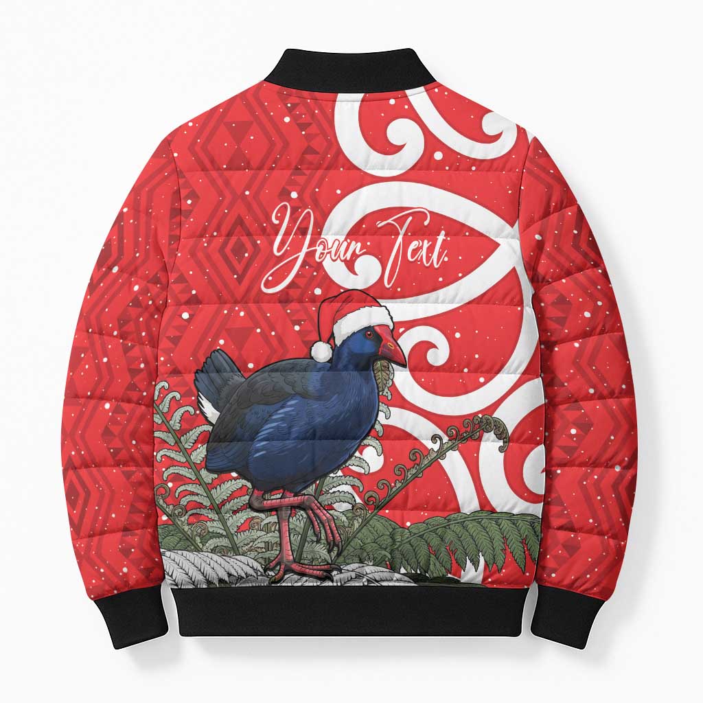 Personalized New Zealand Pukeko Christmas Bomber Puffer Jacket Meri Kirihimete Taniko Ponga Koru Red - Aussie Hoodie