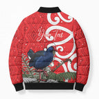 Personalized New Zealand Pukeko Christmas Bomber Puffer Jacket Meri Kirihimete Taniko Ponga Koru Red - Aussie Hoodie