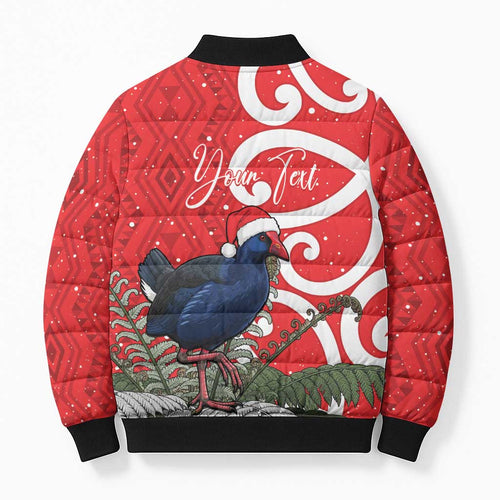 Personalized New Zealand Pukeko Christmas Bomber Puffer Jacket Meri Kirihimete Taniko Ponga Koru Red - Aussie Hoodie