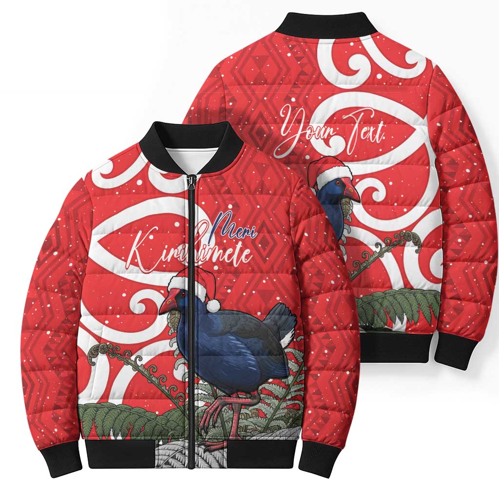 Personalized New Zealand Pukeko Christmas Bomber Puffer Jacket Meri Kirihimete Taniko Ponga Koru Red - Aussie Hoodie