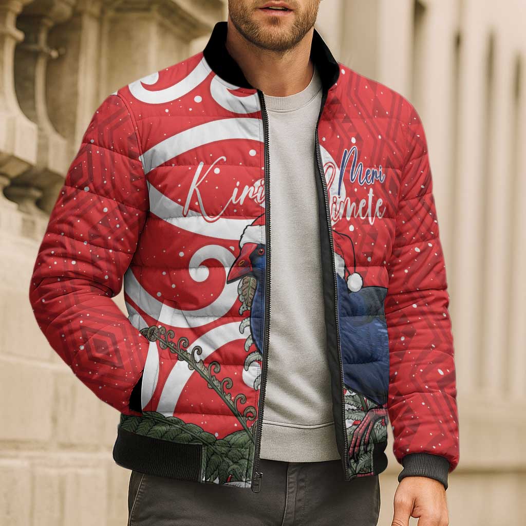 Personalized New Zealand Pukeko Christmas Bomber Puffer Jacket Meri Kirihimete Taniko Ponga Koru Red - Aussie Hoodie