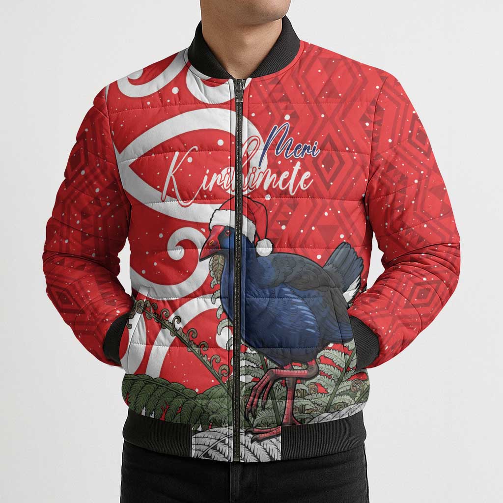 Personalized New Zealand Pukeko Christmas Bomber Puffer Jacket Meri Kirihimete Taniko Ponga Koru Red - Aussie Hoodie
