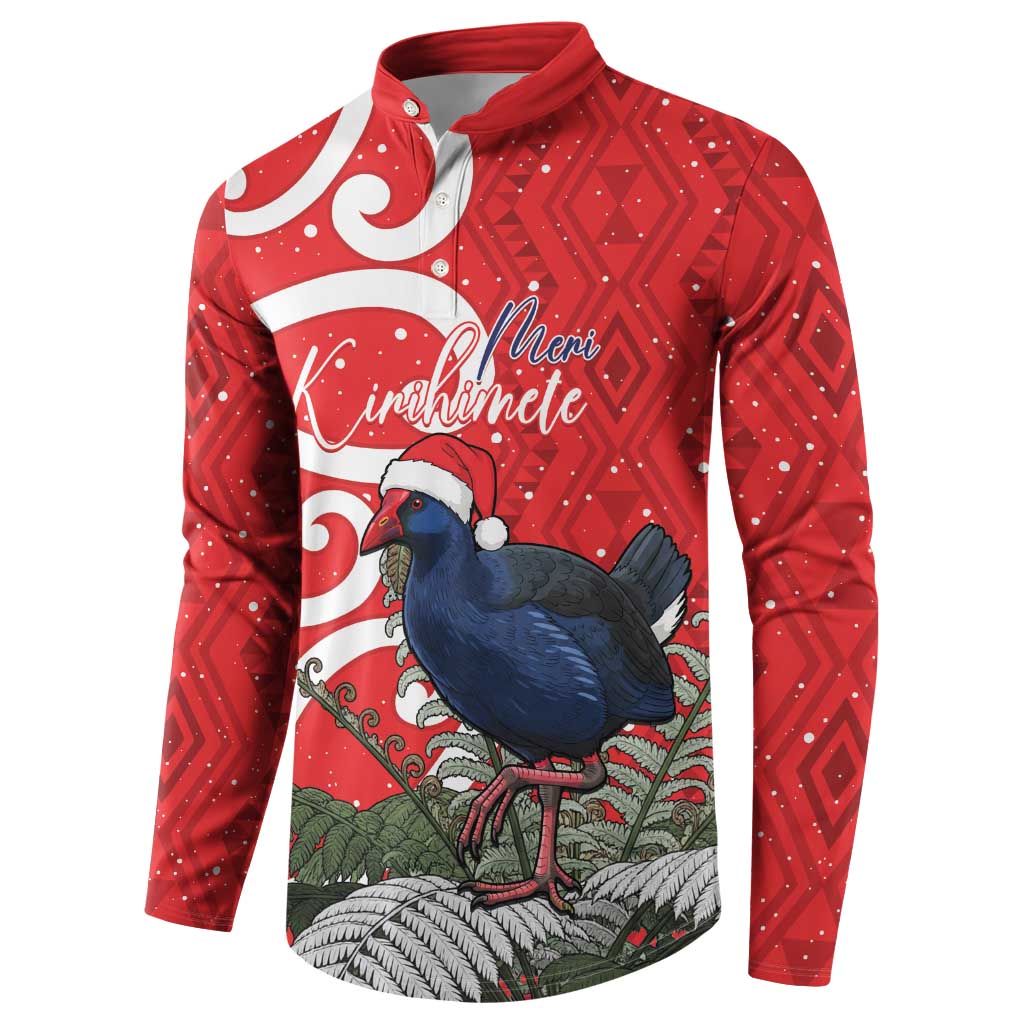 Personalized New Zealand Pukeko Christmas Button Sweatshirt Meri Kirihimete Taniko Ponga Koru Red - Aussie Hoodie