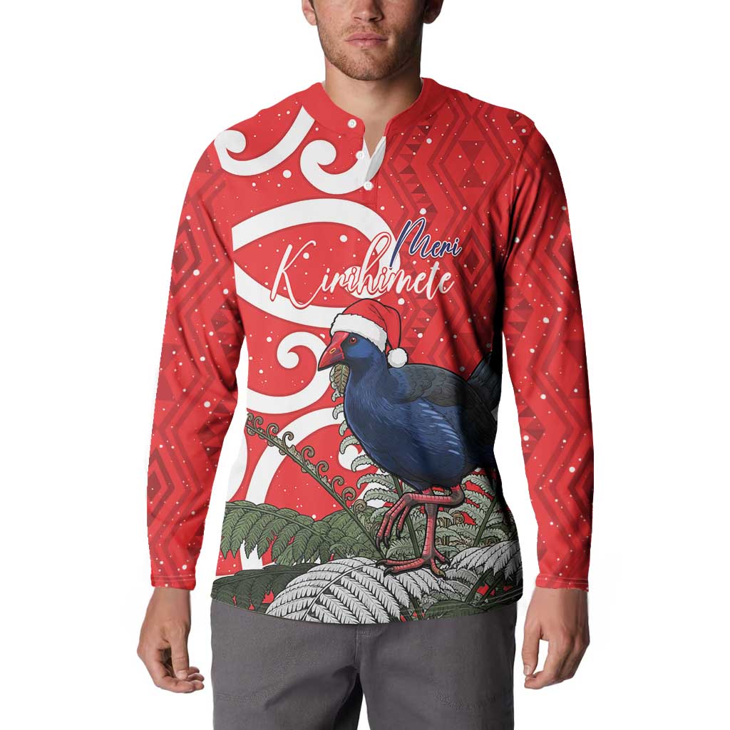 Personalized New Zealand Pukeko Christmas Button Sweatshirt Meri Kirihimete Taniko Ponga Koru Red - Aussie Hoodie