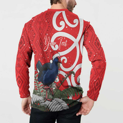 Personalized New Zealand Pukeko Christmas Button Sweatshirt Meri Kirihimete Taniko Ponga Koru Red - Aussie Hoodie
