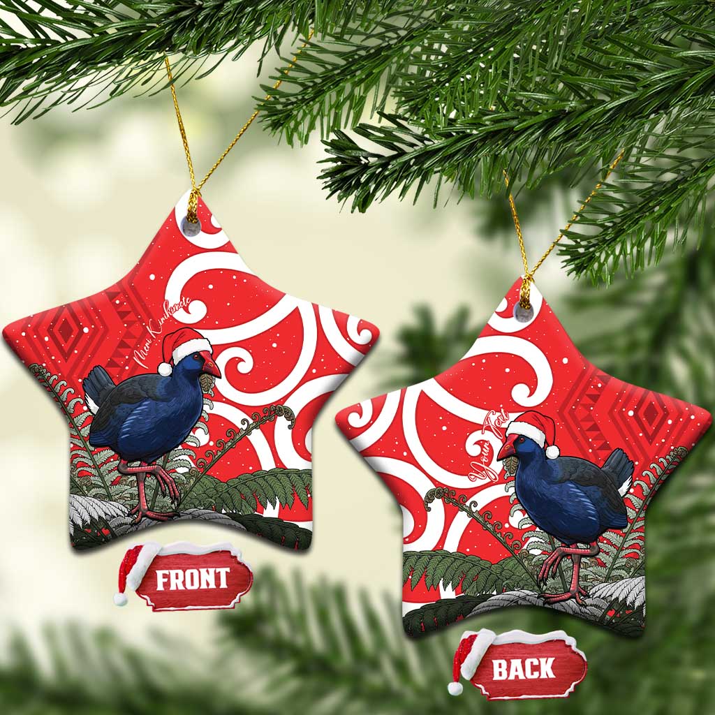 Personalized New Zealand Pukeko Christmas Ceramic Ornament Meri Kirihimete Taniko Ponga Koru Red - Aussie Hoodie