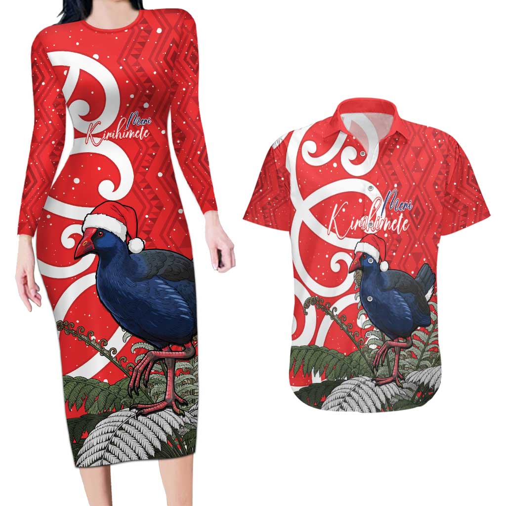 Personalized New Zealand Pukeko Christmas Couples Matching Long Sleeve Bodycon Dress and Hawaiian Shirt Meri Kirihimete Taniko Ponga Koru Red - Aussie Hoodie