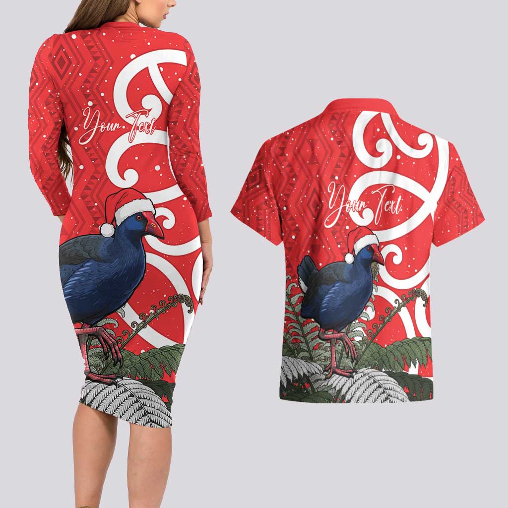 Personalized New Zealand Pukeko Christmas Couples Matching Long Sleeve Bodycon Dress and Hawaiian Shirt Meri Kirihimete Taniko Ponga Koru Red - Aussie Hoodie