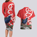 Personalized New Zealand Pukeko Christmas Couples Matching Long Sleeve Bodycon Dress and Hawaiian Shirt Meri Kirihimete Taniko Ponga Koru Red - Aussie Hoodie