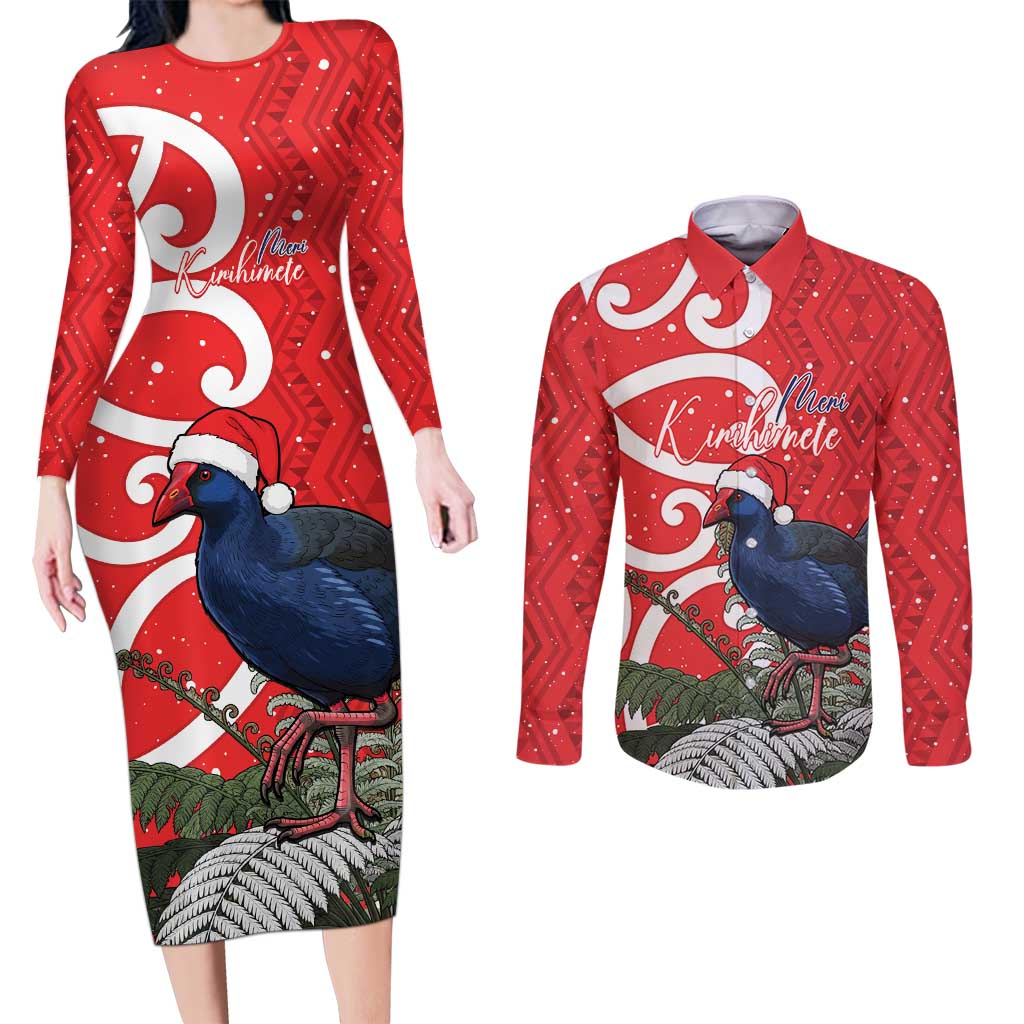 Personalized New Zealand Pukeko Christmas Couples Matching Long Sleeve Bodycon Dress and Long Sleeve Button Shirt Meri Kirihimete Taniko Ponga Koru Red - Aussie Hoodie