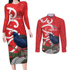Personalized New Zealand Pukeko Christmas Couples Matching Long Sleeve Bodycon Dress and Long Sleeve Button Shirt Meri Kirihimete Taniko Ponga Koru Red - Aussie Hoodie
