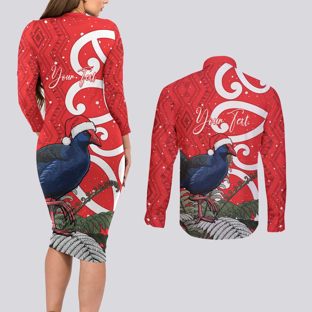 Personalized New Zealand Pukeko Christmas Couples Matching Long Sleeve Bodycon Dress and Long Sleeve Button Shirt Meri Kirihimete Taniko Ponga Koru Red - Aussie Hoodie