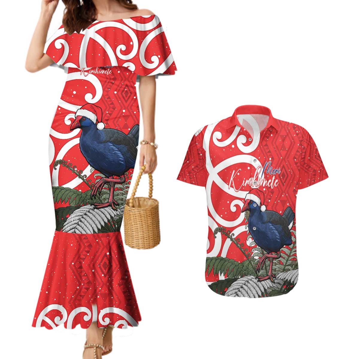 Personalized New Zealand Pukeko Christmas Couples Matching Mermaid Dress and Hawaiian Shirt Meri Kirihimete Taniko Ponga Koru Red - Aussie Hoodie