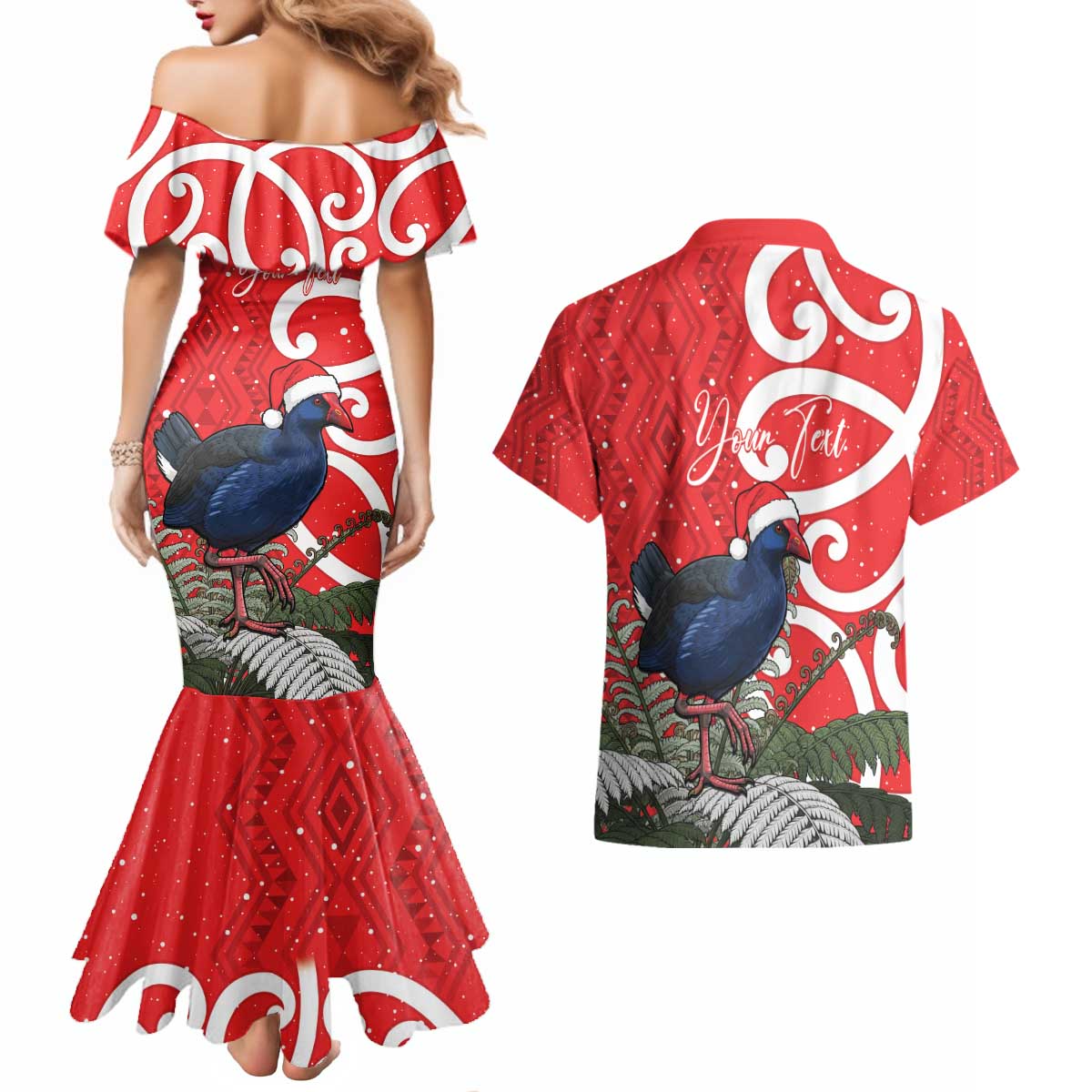 Personalized New Zealand Pukeko Christmas Couples Matching Mermaid Dress and Hawaiian Shirt Meri Kirihimete Taniko Ponga Koru Red - Aussie Hoodie