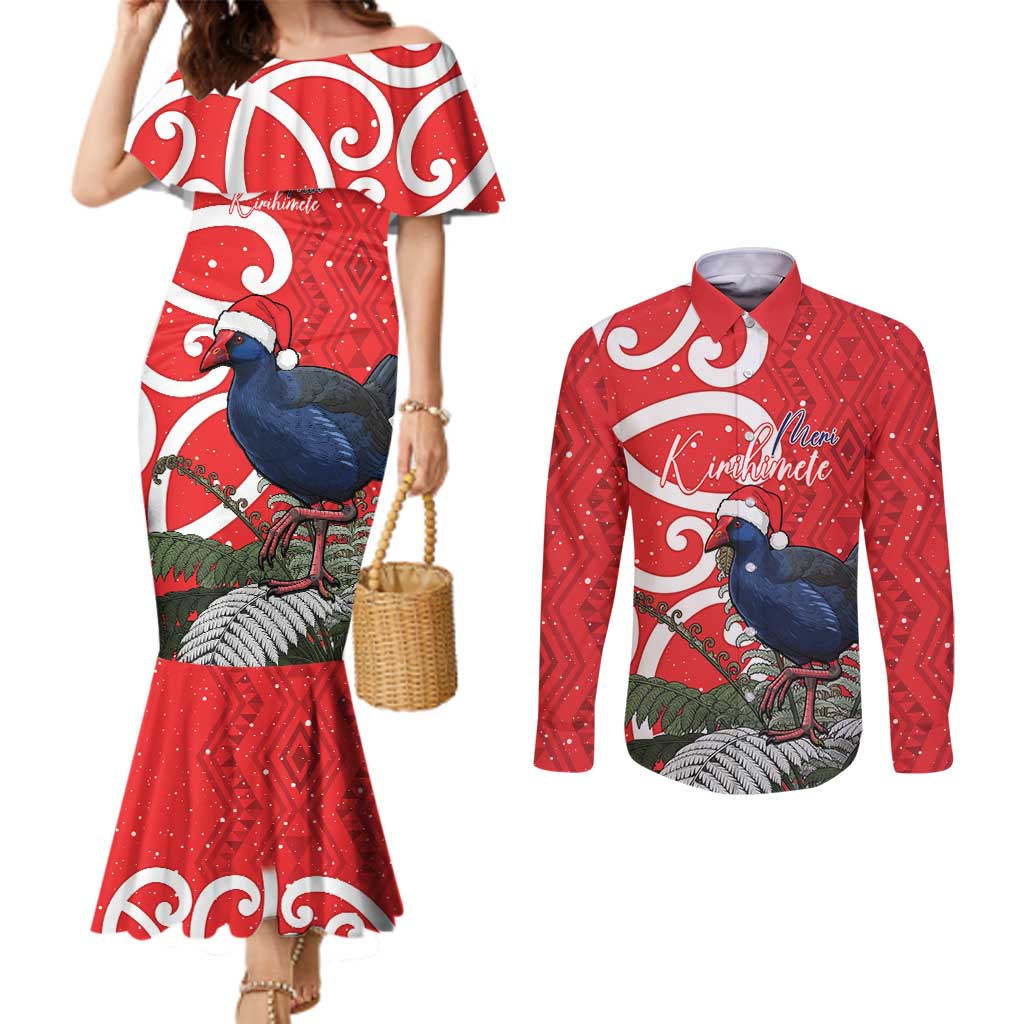 Personalized New Zealand Pukeko Christmas Couples Matching Mermaid Dress and Long Sleeve Button Shirt Meri Kirihimete Taniko Ponga Koru Red - Aussie Hoodie