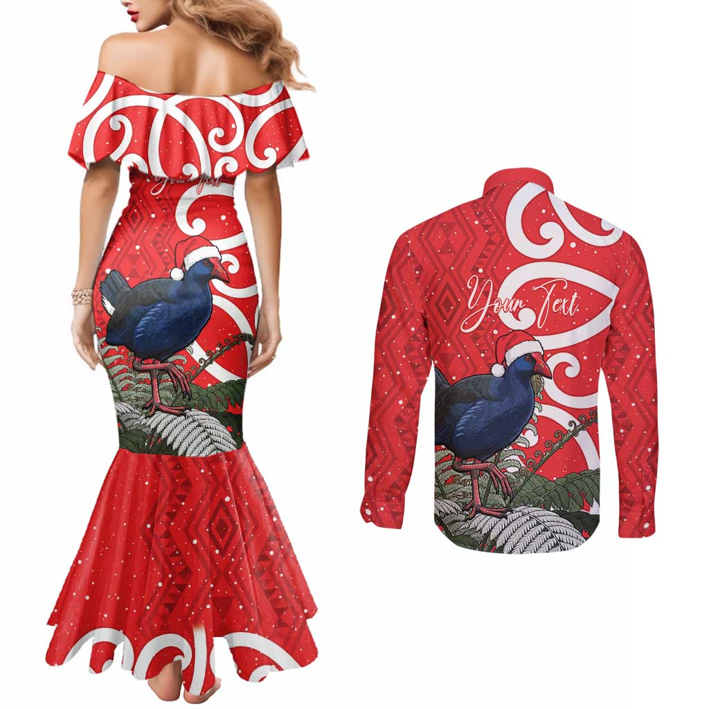 Personalized New Zealand Pukeko Christmas Couples Matching Mermaid Dress and Long Sleeve Button Shirt Meri Kirihimete Taniko Ponga Koru Red - Aussie Hoodie