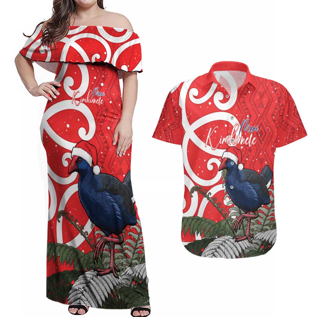 Personalized New Zealand Pukeko Christmas Couples Matching Off Shoulder Maxi Dress and Hawaiian Shirt Meri Kirihimete Taniko Ponga Koru Red - Aussie Hoodie