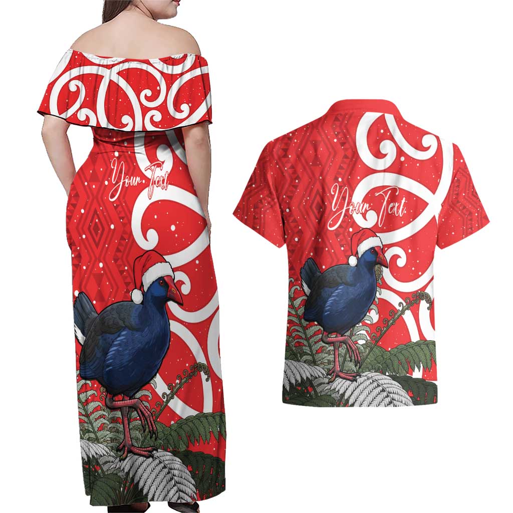 Personalized New Zealand Pukeko Christmas Couples Matching Off Shoulder Maxi Dress and Hawaiian Shirt Meri Kirihimete Taniko Ponga Koru Red - Aussie Hoodie