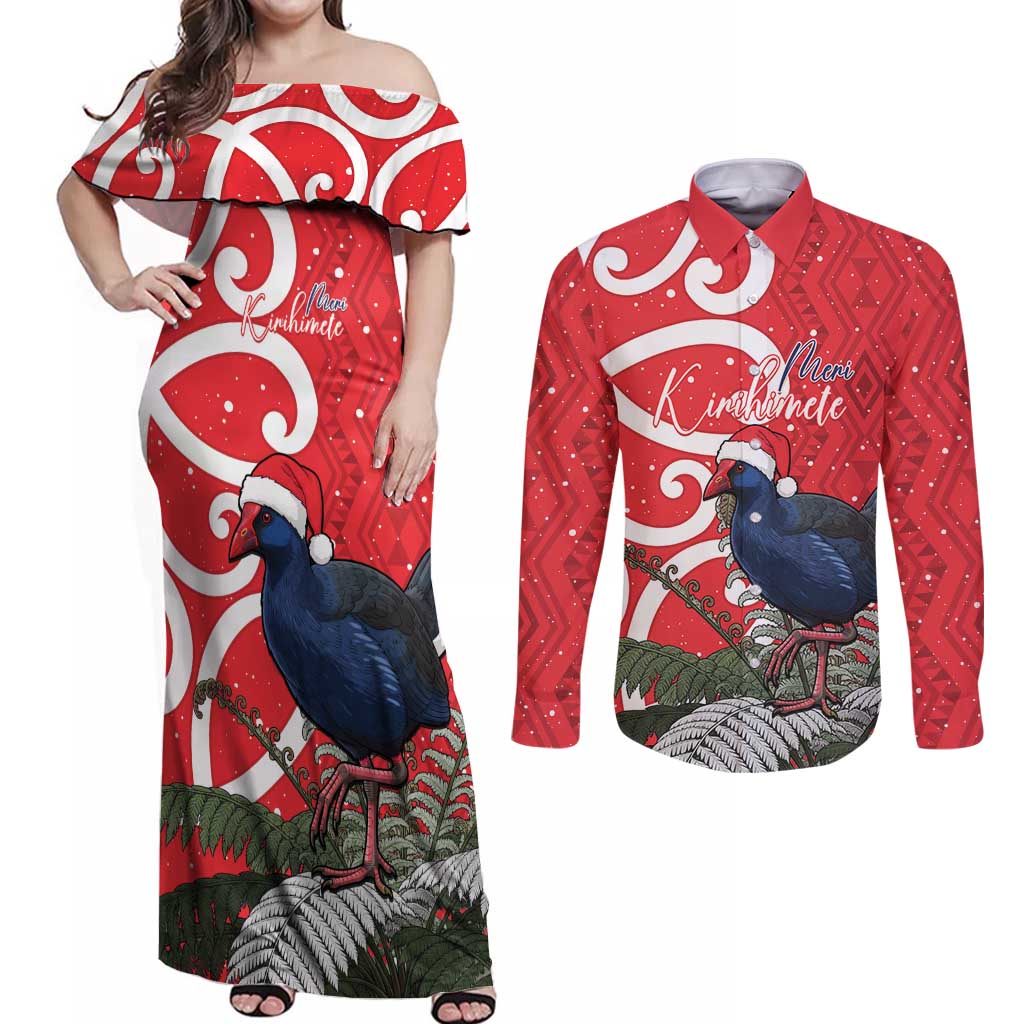 Personalized New Zealand Pukeko Christmas Couples Matching Off Shoulder Maxi Dress and Long Sleeve Button Shirt Meri Kirihimete Taniko Ponga Koru Red - Aussie Hoodie