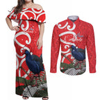 Personalized New Zealand Pukeko Christmas Couples Matching Off Shoulder Maxi Dress and Long Sleeve Button Shirt Meri Kirihimete Taniko Ponga Koru Red - Aussie Hoodie