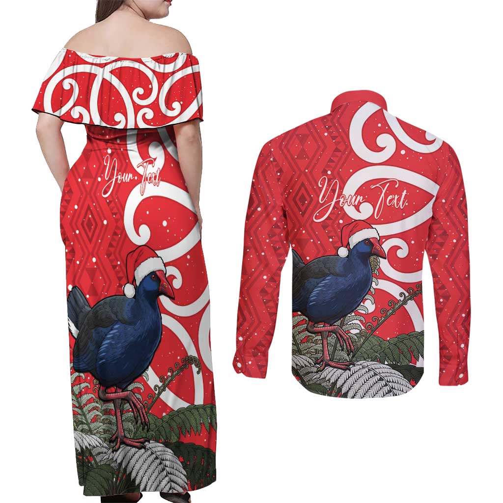 Personalized New Zealand Pukeko Christmas Couples Matching Off Shoulder Maxi Dress and Long Sleeve Button Shirt Meri Kirihimete Taniko Ponga Koru Red - Aussie Hoodie