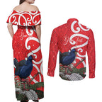 Personalized New Zealand Pukeko Christmas Couples Matching Off Shoulder Maxi Dress and Long Sleeve Button Shirt Meri Kirihimete Taniko Ponga Koru Red - Aussie Hoodie