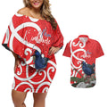 Personalized New Zealand Pukeko Christmas Couples Matching Off Shoulder Short Dress and Hawaiian Shirt Meri Kirihimete Taniko Ponga Koru Red - Aussie Hoodie
