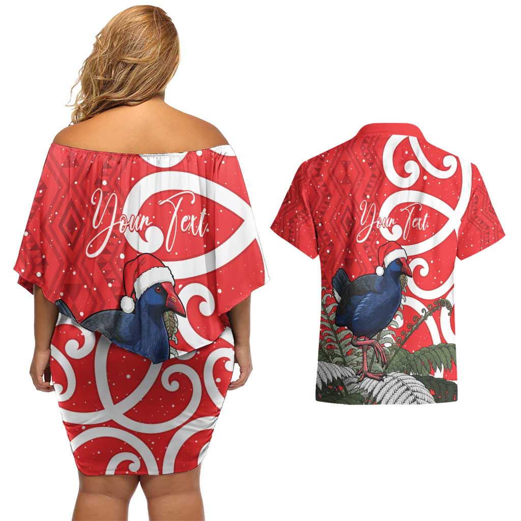 Personalized New Zealand Pukeko Christmas Couples Matching Off Shoulder Short Dress and Hawaiian Shirt Meri Kirihimete Taniko Ponga Koru Red - Aussie Hoodie