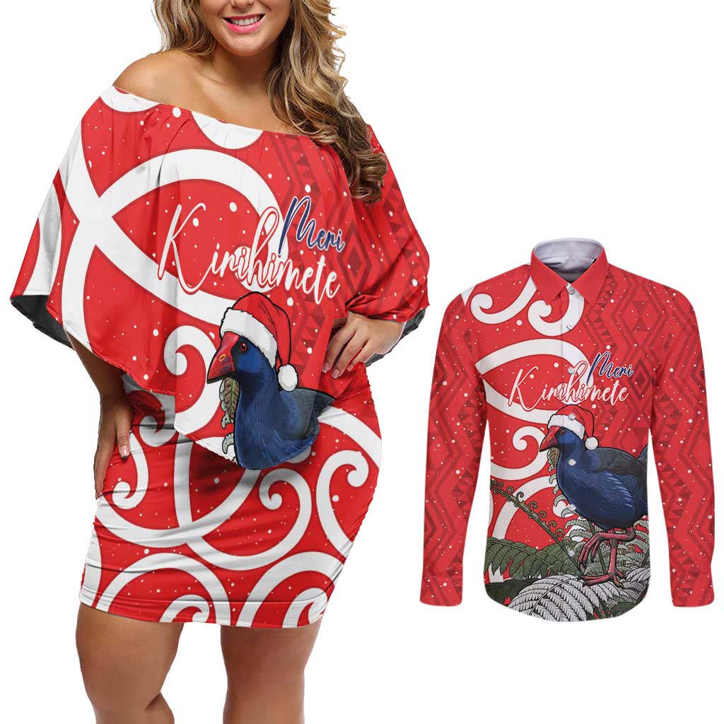 Personalized New Zealand Pukeko Christmas Couples Matching Off Shoulder Short Dress and Long Sleeve Button Shirt Meri Kirihimete Taniko Ponga Koru Red - Aussie Hoodie