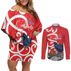 Personalized New Zealand Pukeko Christmas Couples Matching Off Shoulder Short Dress and Long Sleeve Button Shirt Meri Kirihimete Taniko Ponga Koru Red - Aussie Hoodie