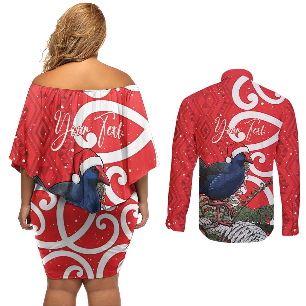 Personalized New Zealand Pukeko Christmas Couples Matching Off Shoulder Short Dress and Long Sleeve Button Shirt Meri Kirihimete Taniko Ponga Koru Red - Aussie Hoodie