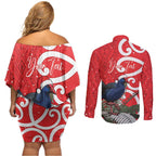Personalized New Zealand Pukeko Christmas Couples Matching Off Shoulder Short Dress and Long Sleeve Button Shirt Meri Kirihimete Taniko Ponga Koru Red - Aussie Hoodie