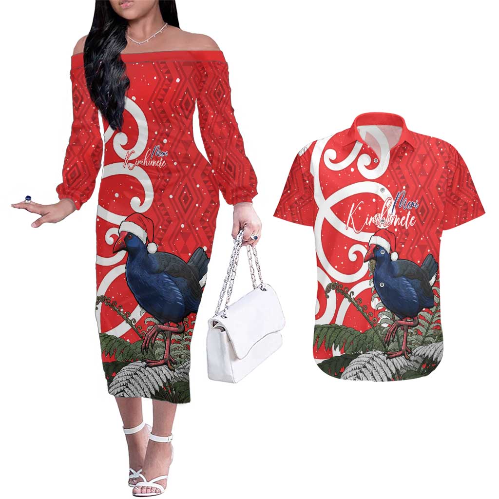 Personalized New Zealand Pukeko Christmas Couples Matching Off The Shoulder Long Sleeve Dress and Hawaiian Shirt Meri Kirihimete Taniko Ponga Koru Red - Aussie Hoodie