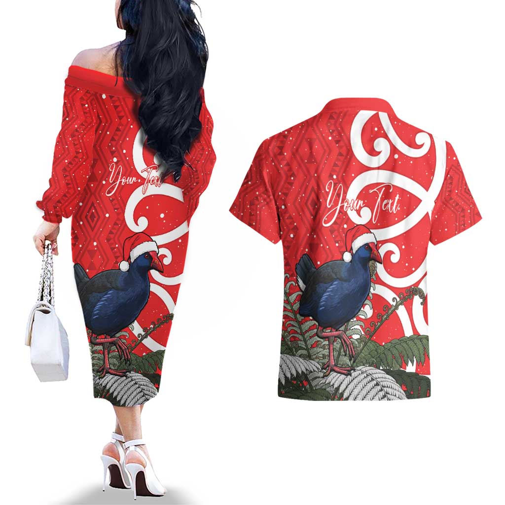 Personalized New Zealand Pukeko Christmas Couples Matching Off The Shoulder Long Sleeve Dress and Hawaiian Shirt Meri Kirihimete Taniko Ponga Koru Red - Aussie Hoodie