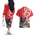 Personalized New Zealand Pukeko Christmas Couples Matching Off The Shoulder Long Sleeve Dress and Hawaiian Shirt Meri Kirihimete Taniko Ponga Koru Red - Aussie Hoodie