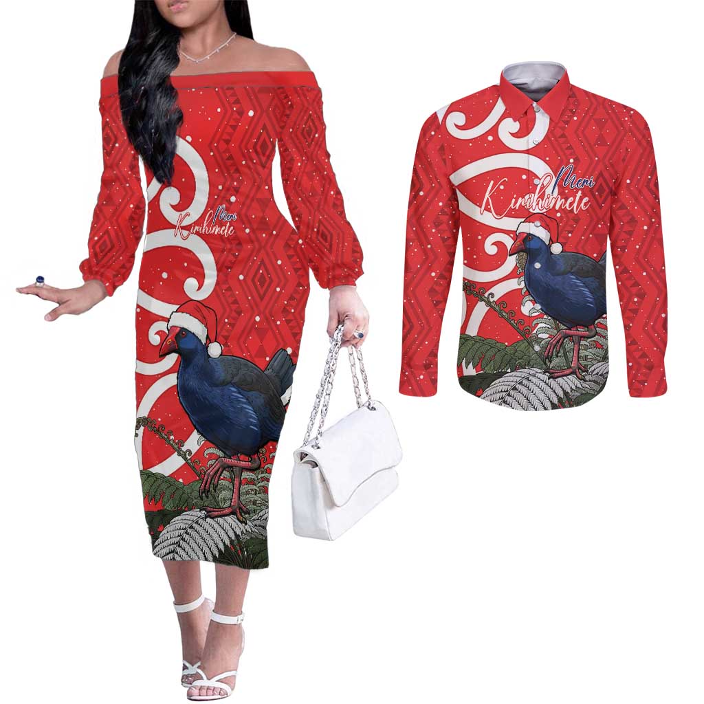 Personalized New Zealand Pukeko Christmas Couples Matching Off The Shoulder Long Sleeve Dress and Long Sleeve Button Shirt Meri Kirihimete Taniko Ponga Koru Red - Aussie Hoodie
