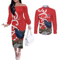 Personalized New Zealand Pukeko Christmas Couples Matching Off The Shoulder Long Sleeve Dress and Long Sleeve Button Shirt Meri Kirihimete Taniko Ponga Koru Red - Aussie Hoodie