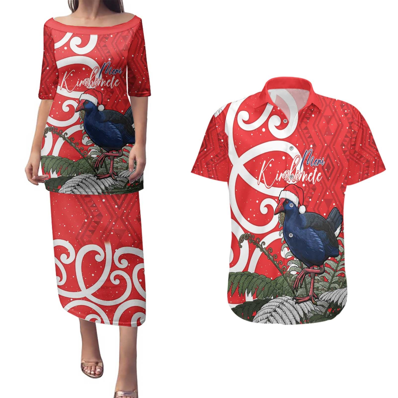 Personalized New Zealand Pukeko Christmas Couples Matching Puletasi and Hawaiian Shirt Meri Kirihimete Taniko Ponga Koru Red - Aussie Hoodie