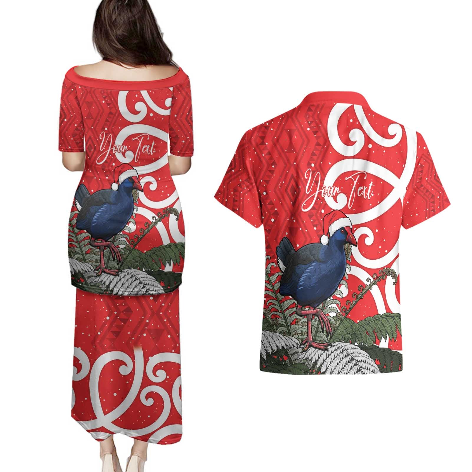 Personalized New Zealand Pukeko Christmas Couples Matching Puletasi and Hawaiian Shirt Meri Kirihimete Taniko Ponga Koru Red - Aussie Hoodie