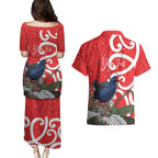 Personalized New Zealand Pukeko Christmas Couples Matching Puletasi and Hawaiian Shirt Meri Kirihimete Taniko Ponga Koru Red - Aussie Hoodie