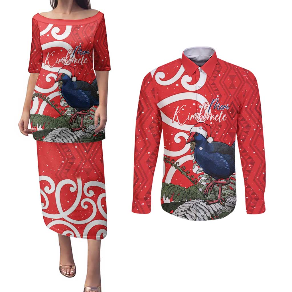 Personalized New Zealand Pukeko Christmas Couples Matching Puletasi and Long Sleeve Button Shirt Meri Kirihimete Taniko Ponga Koru Red - Aussie Hoodie