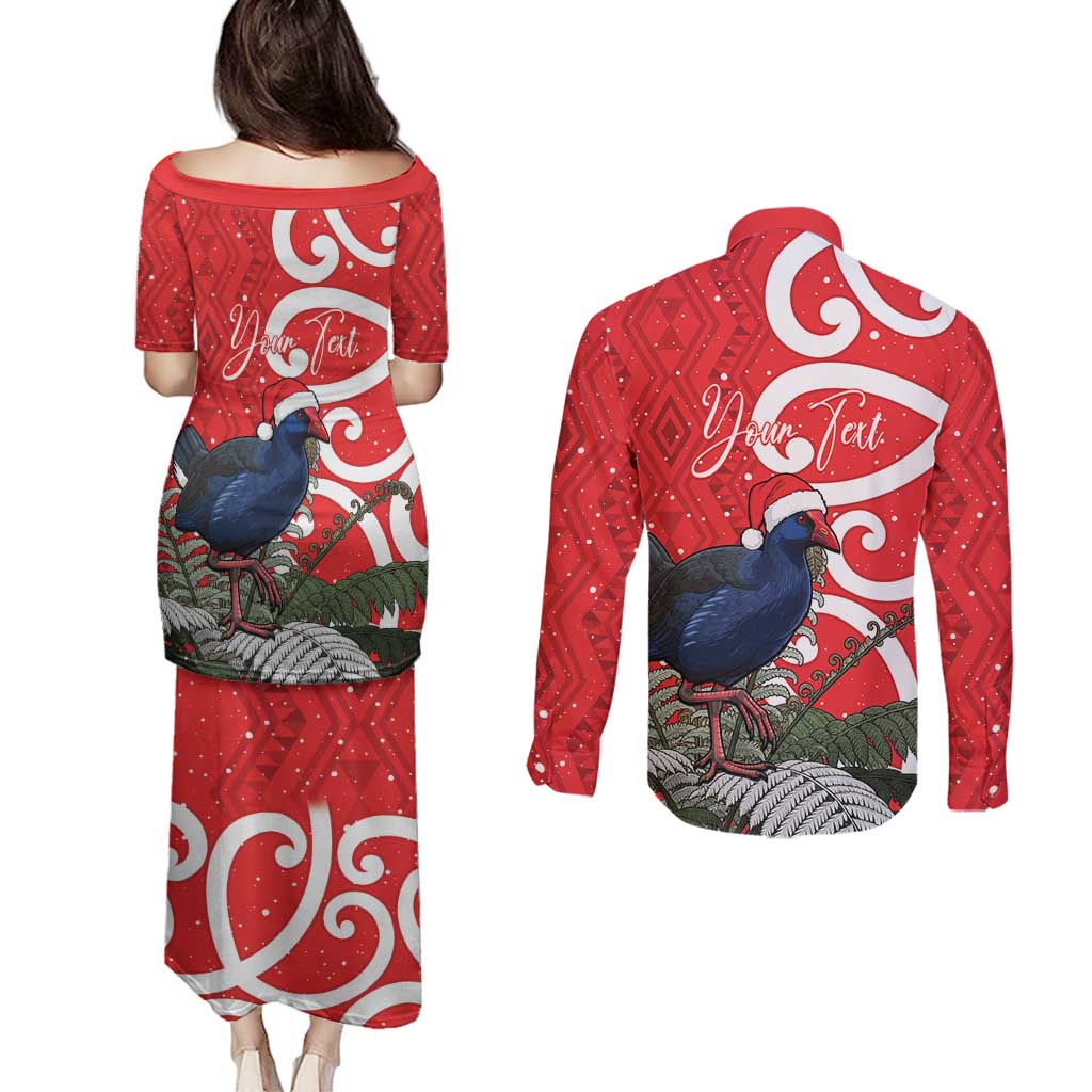 Personalized New Zealand Pukeko Christmas Couples Matching Puletasi and Long Sleeve Button Shirt Meri Kirihimete Taniko Ponga Koru Red - Aussie Hoodie