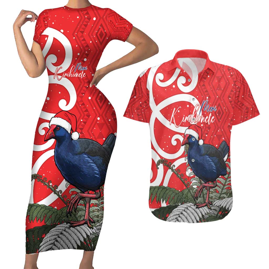 Personalized New Zealand Pukeko Christmas Couples Matching Short Sleeve Bodycon Dress and Hawaiian Shirt Meri Kirihimete Taniko Ponga Koru Red - Aussie Hoodie