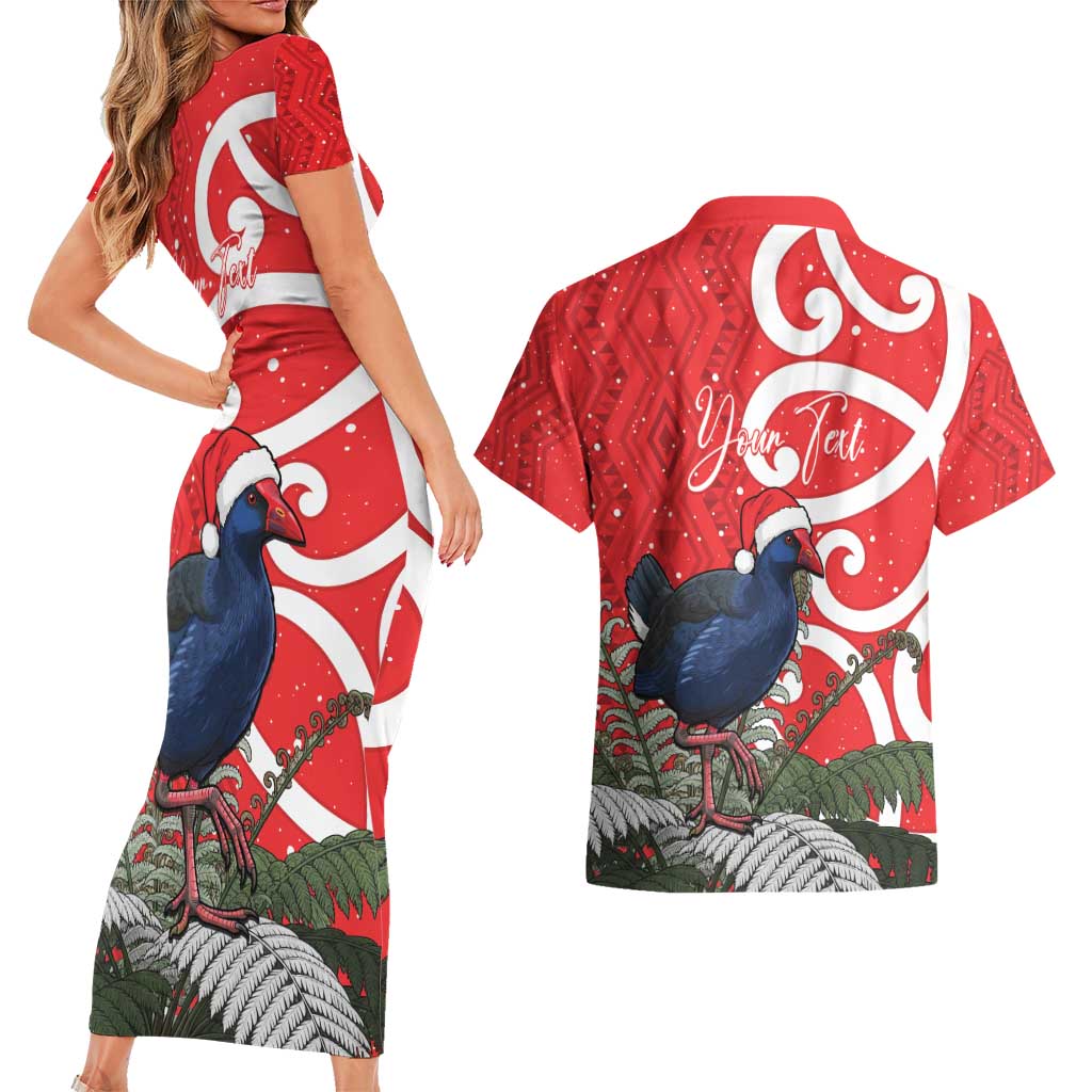 Personalized New Zealand Pukeko Christmas Couples Matching Short Sleeve Bodycon Dress and Hawaiian Shirt Meri Kirihimete Taniko Ponga Koru Red - Aussie Hoodie