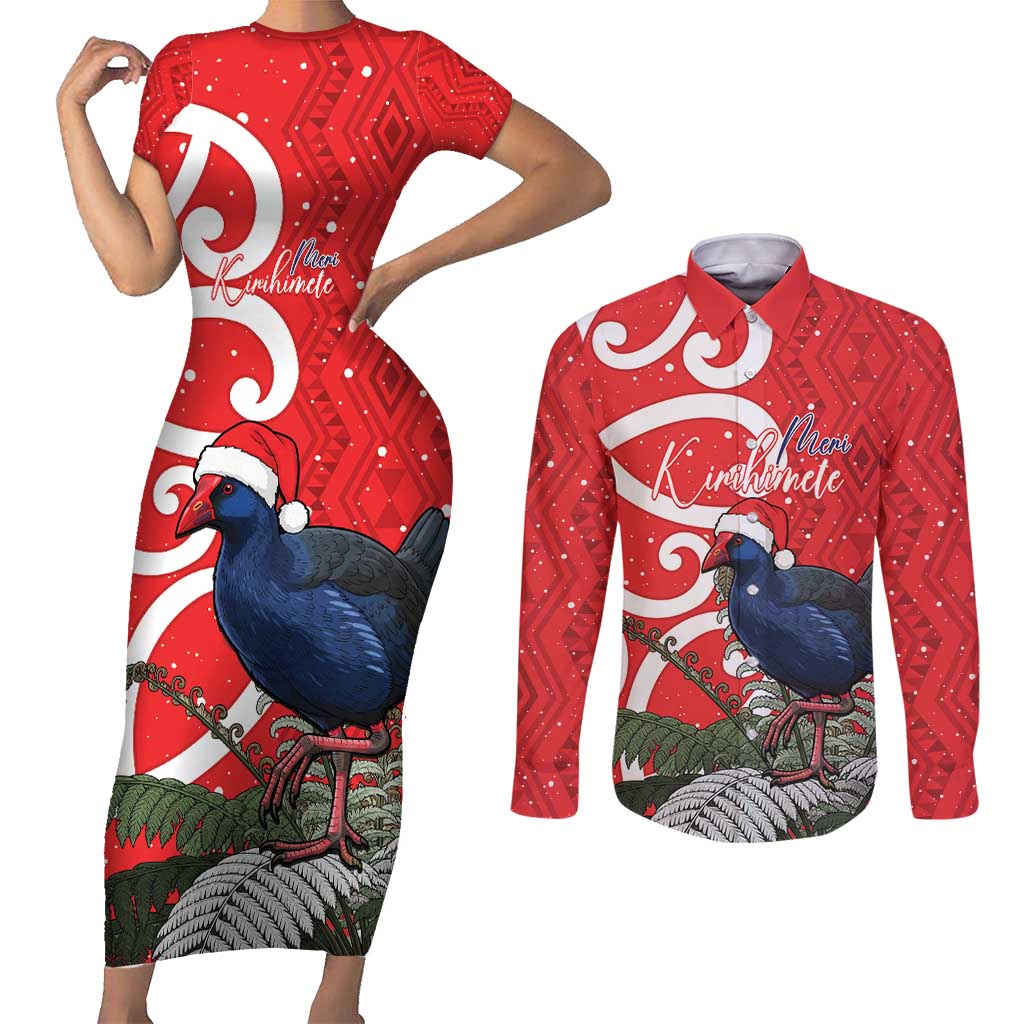 Personalized New Zealand Pukeko Christmas Couples Matching Short Sleeve Bodycon Dress and Long Sleeve Button Shirt Meri Kirihimete Taniko Ponga Koru Red - Aussie Hoodie
