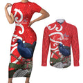 Personalized New Zealand Pukeko Christmas Couples Matching Short Sleeve Bodycon Dress and Long Sleeve Button Shirt Meri Kirihimete Taniko Ponga Koru Red - Aussie Hoodie