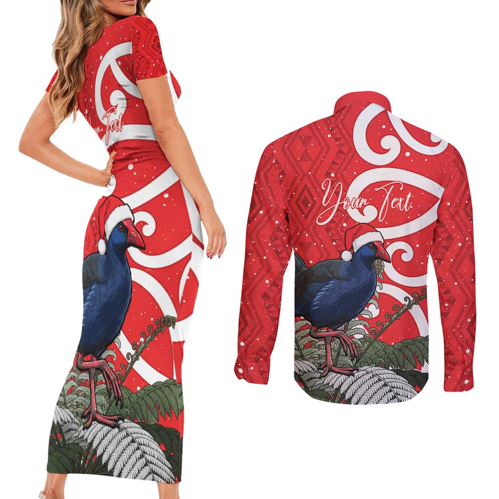 Personalized New Zealand Pukeko Christmas Couples Matching Short Sleeve Bodycon Dress and Long Sleeve Button Shirt Meri Kirihimete Taniko Ponga Koru Red - Aussie Hoodie